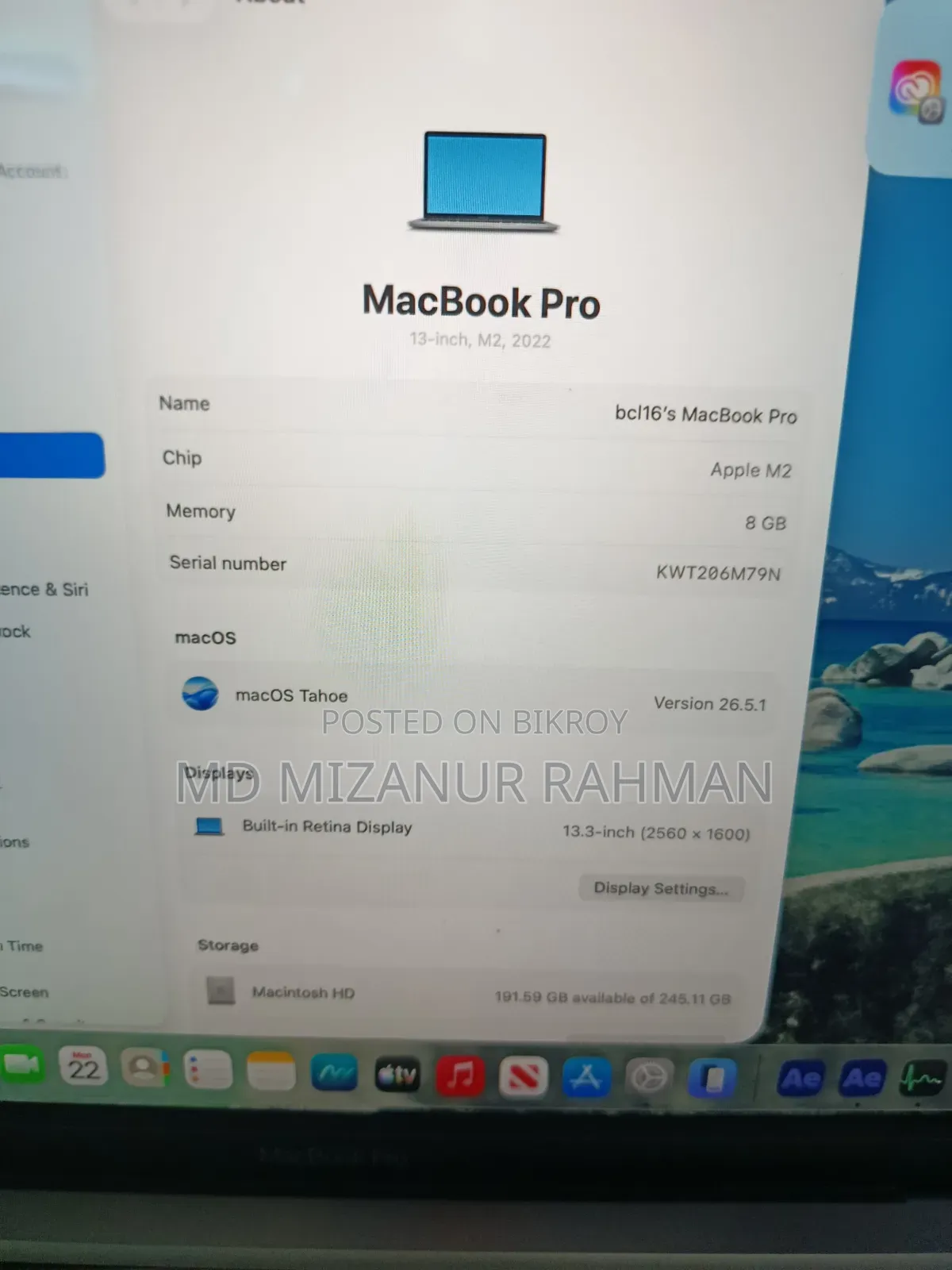 Laptop Apple MacBook Pro 2022 M2 8GB Apple M2 SSD 256GB