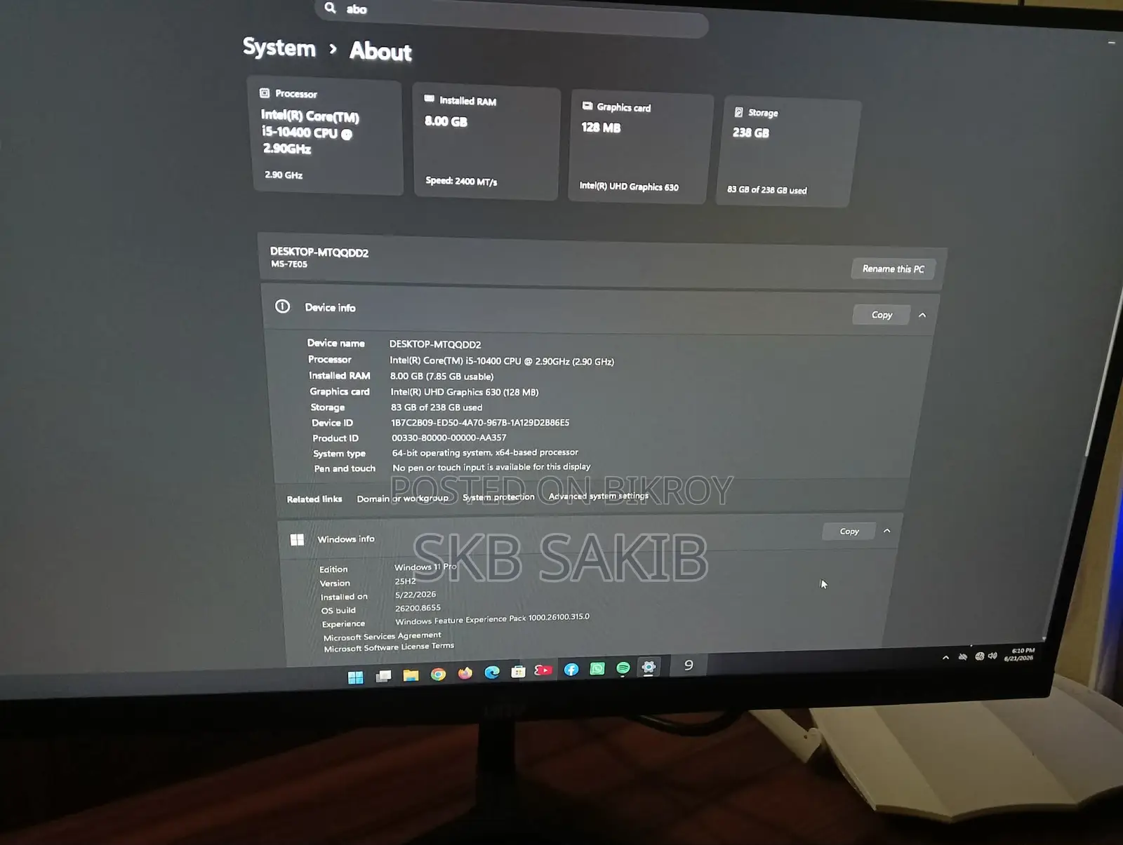 Desktop Computer MSI Model 8GB Intel Core I5 SSD 256GB