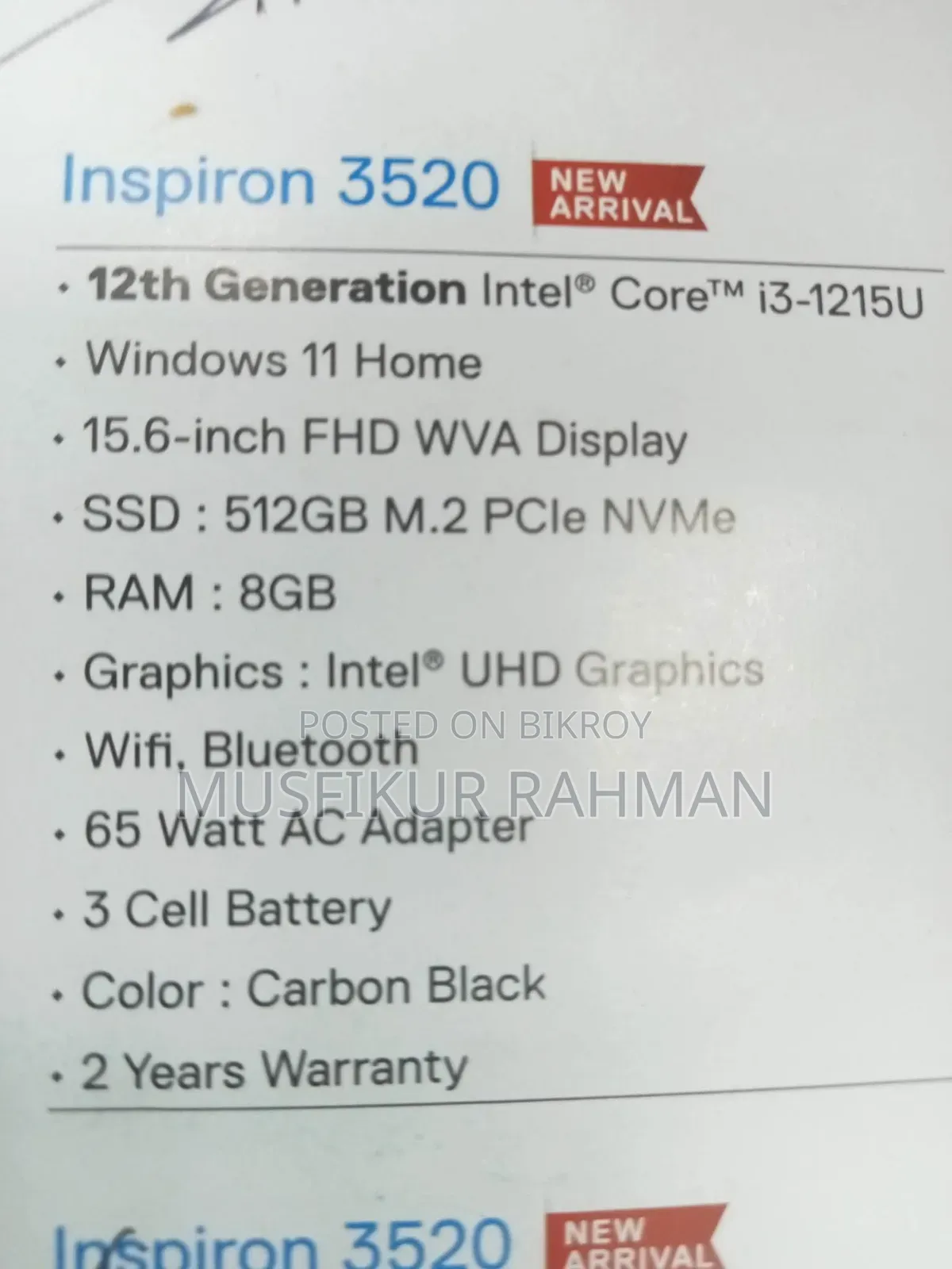 Laptop Dell Inspiron 3541 8GB Intel Core I3 SSD 512GB