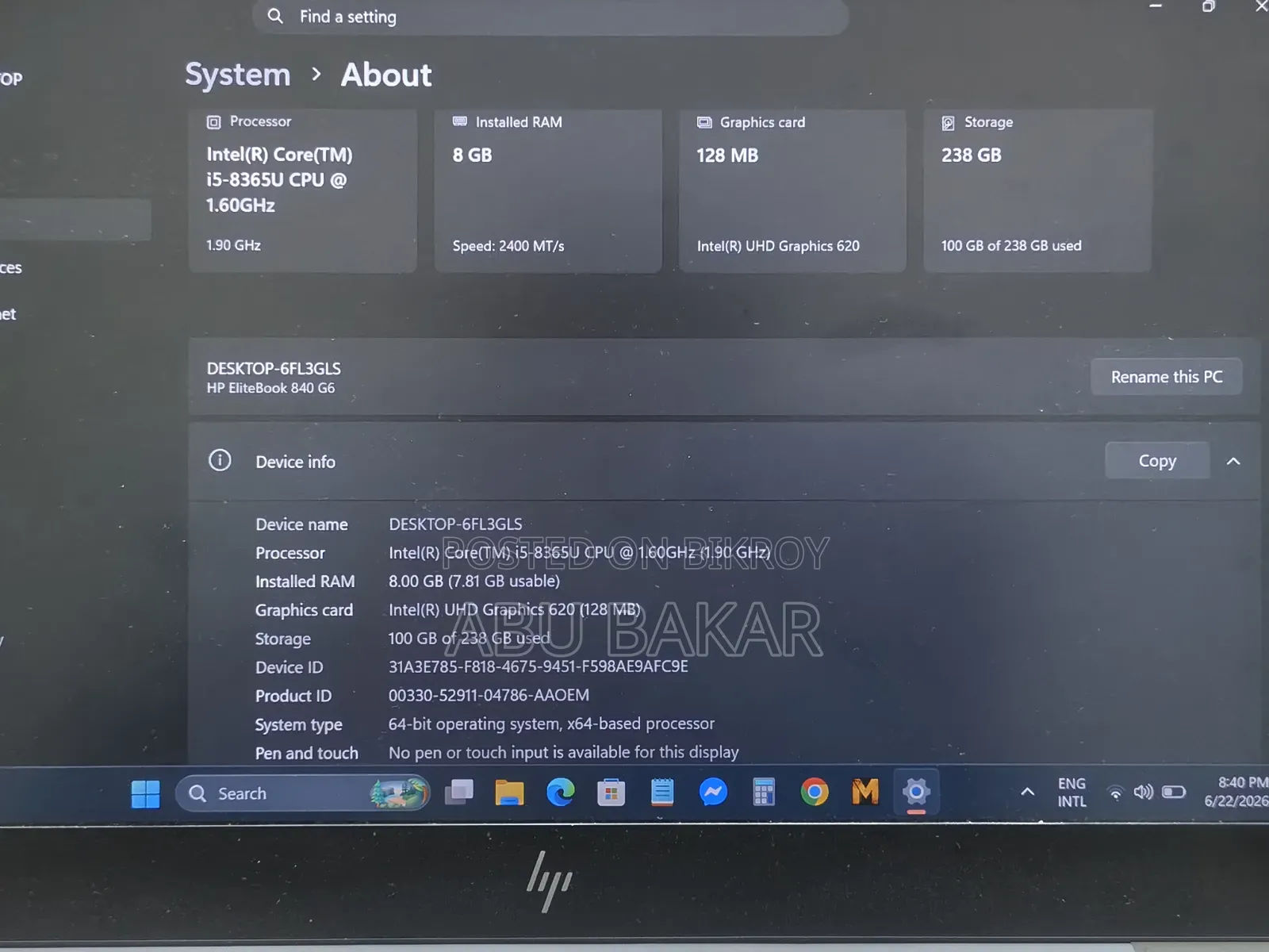 Laptop HP EliteBook 840 G6 8GB Intel Core I5 SSD 256GB