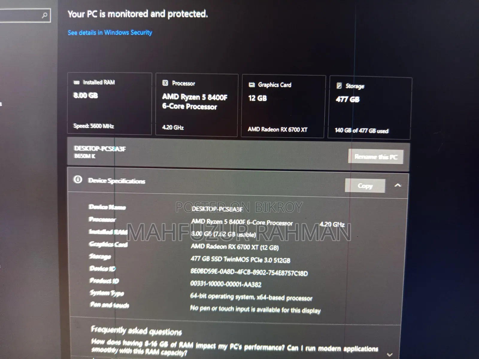 Desktop Computer 8GB AMD Ryzen 5 SSD 512GB
