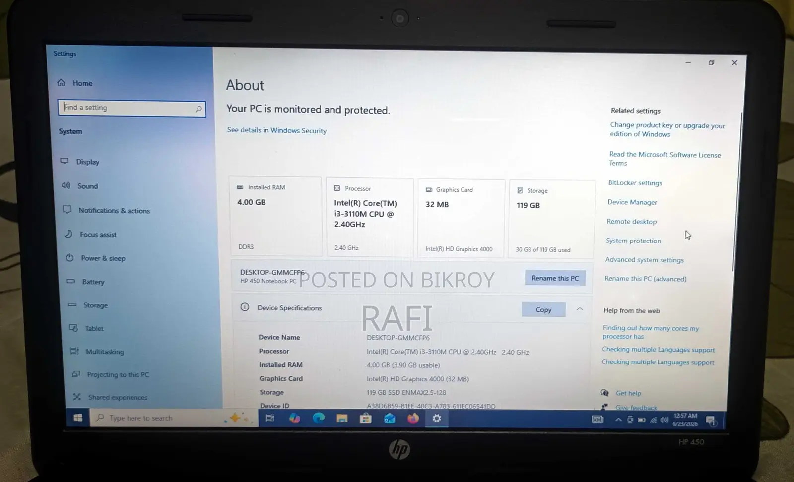 Laptop HP 4GB SSD 128GB