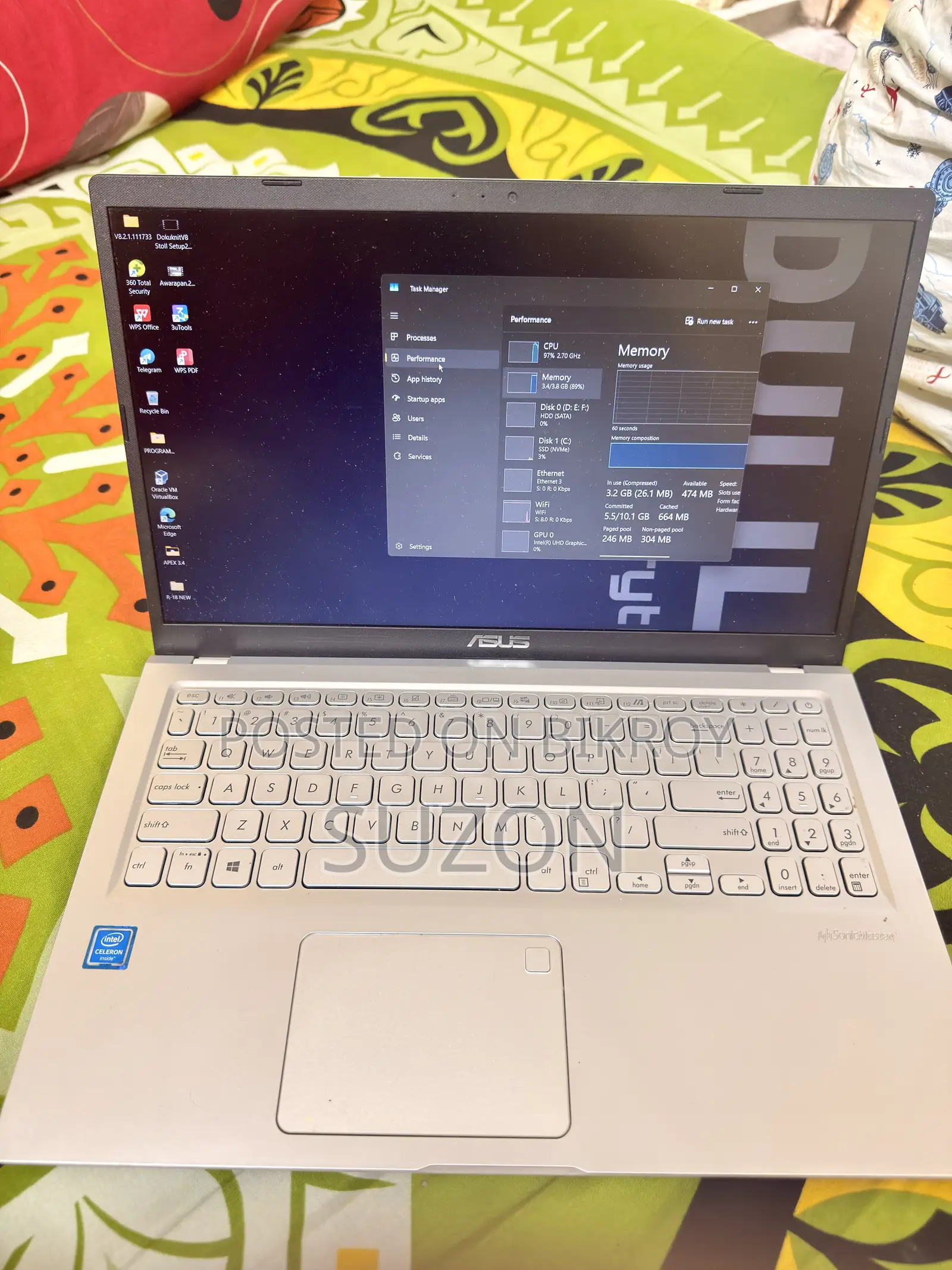 Laptop Asus 4GB Intel Celeron HDD+SSD 256GB