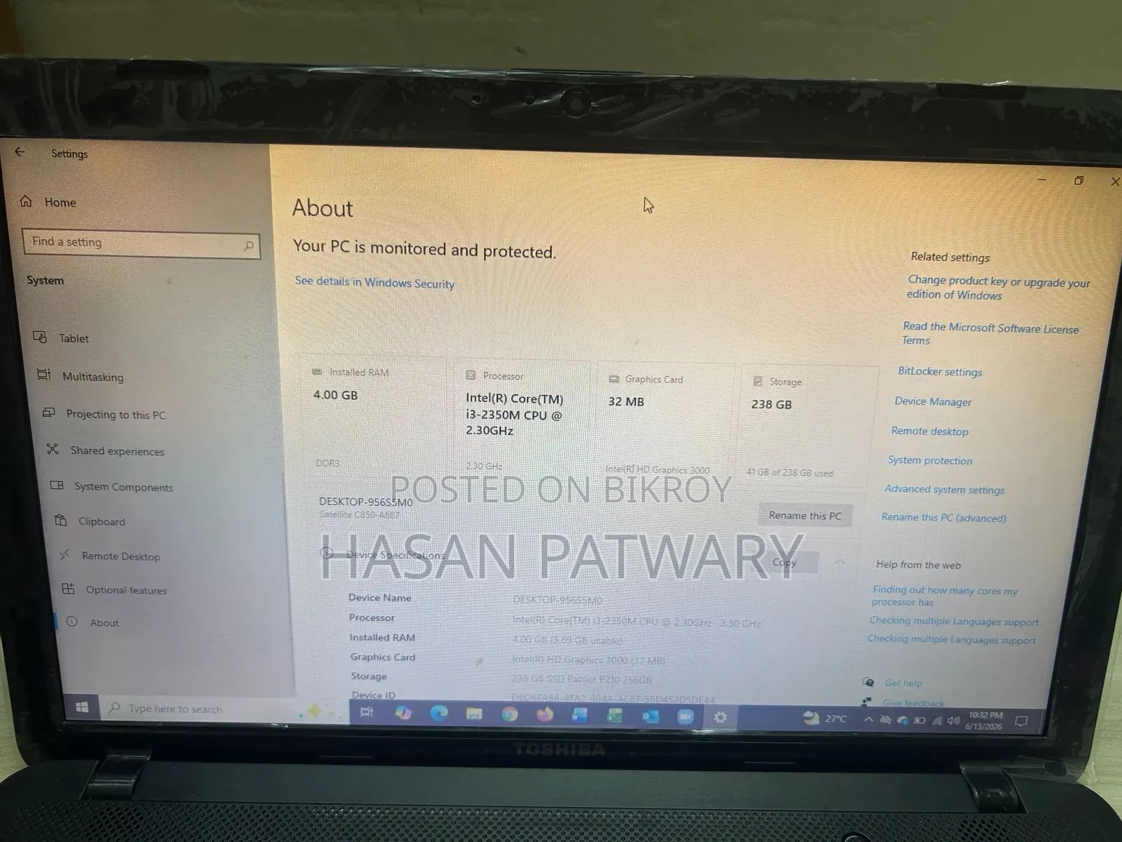 Laptop Toshiba Satellite C850 4GB Intel Core I3 SSD 256GB