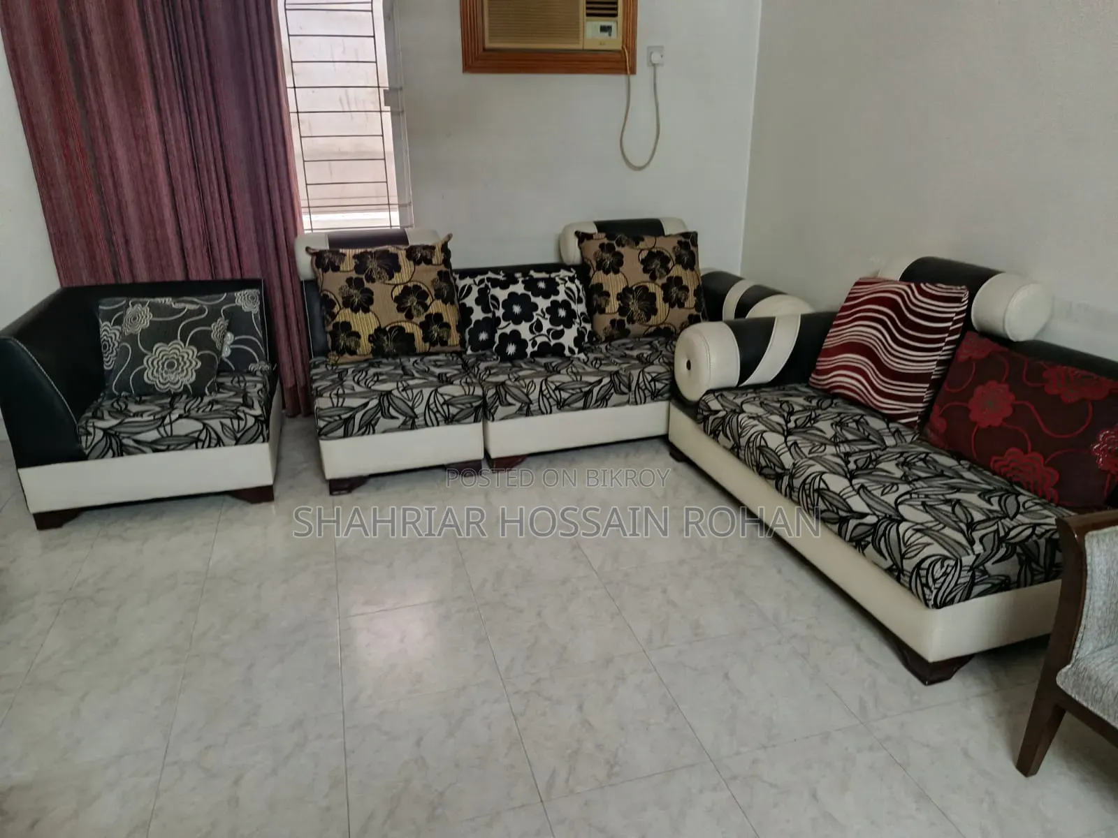 Fabric Faux Leather Sofa Set (3+2+1) – Black White, Good Condition