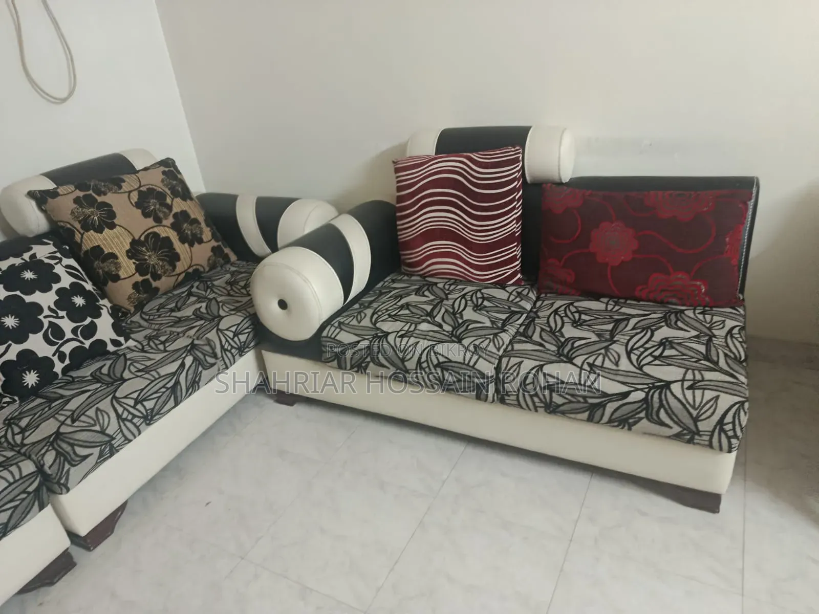 Fabric Faux Leather Sofa Set (3+2+1) – Black White, Good Condition