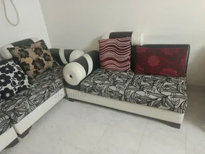 Fabric Faux Leather Sofa Set (3+2+1) – Black White, Good Condition