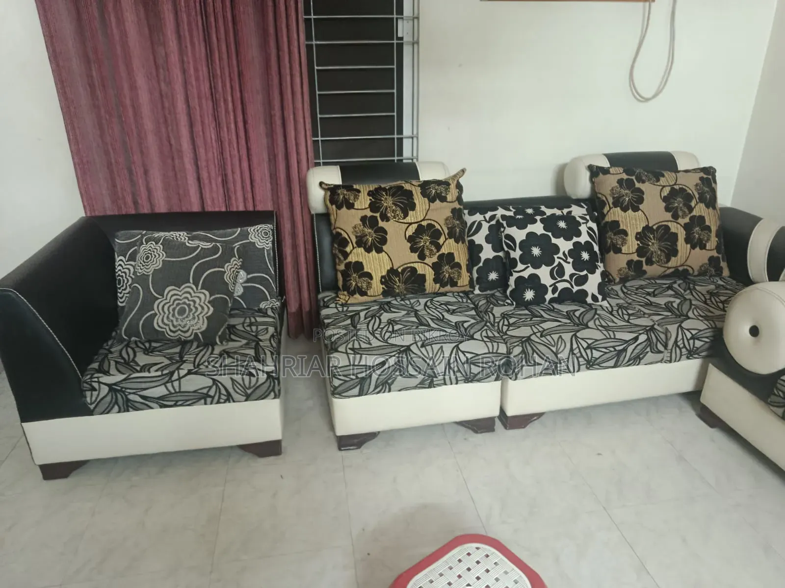 Fabric Faux Leather Sofa Set (3+2+1) – Black White, Good Condition
