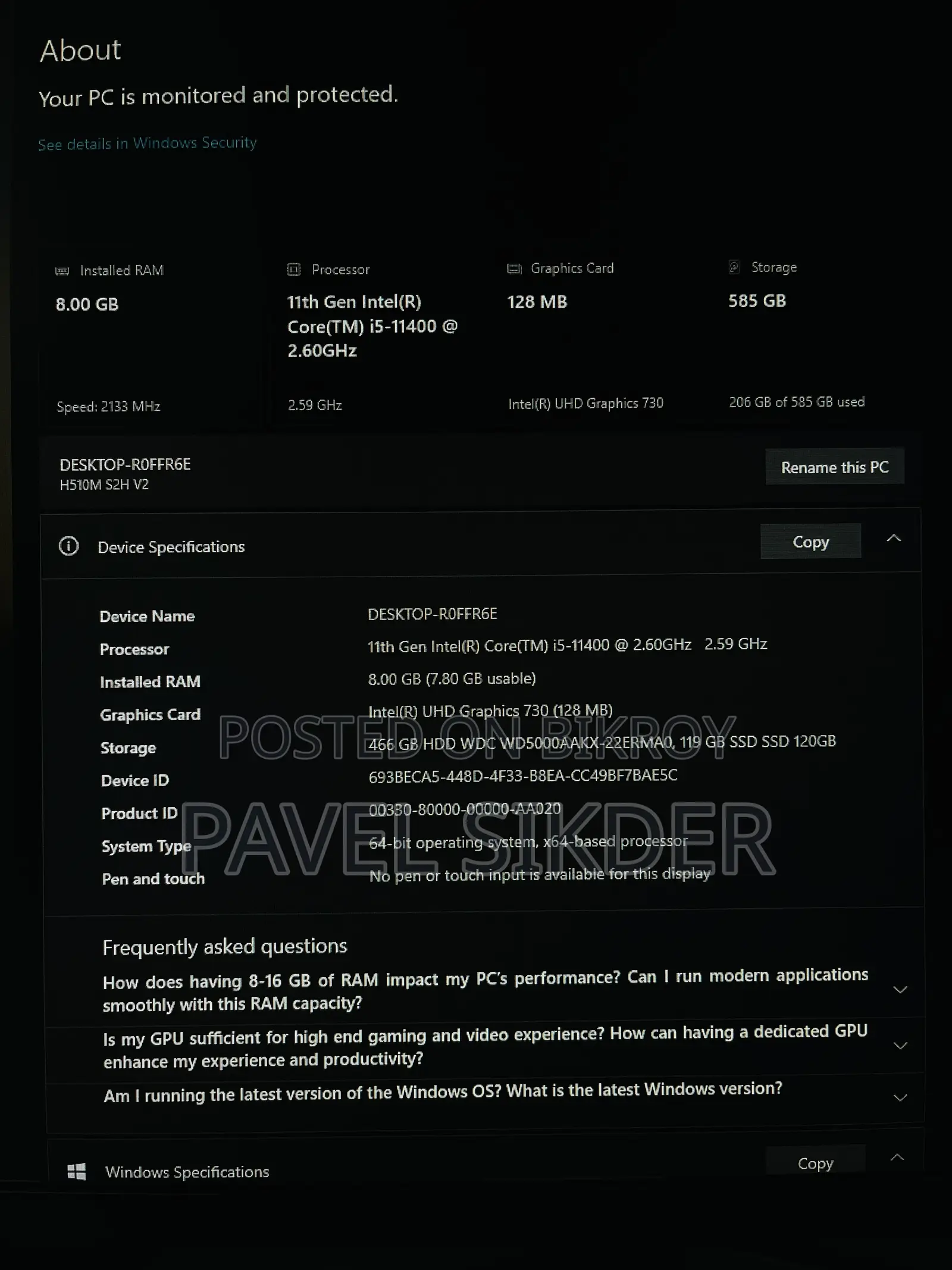 Desktop Computer 8GB Intel Core I5 HDD+SSD 500GB