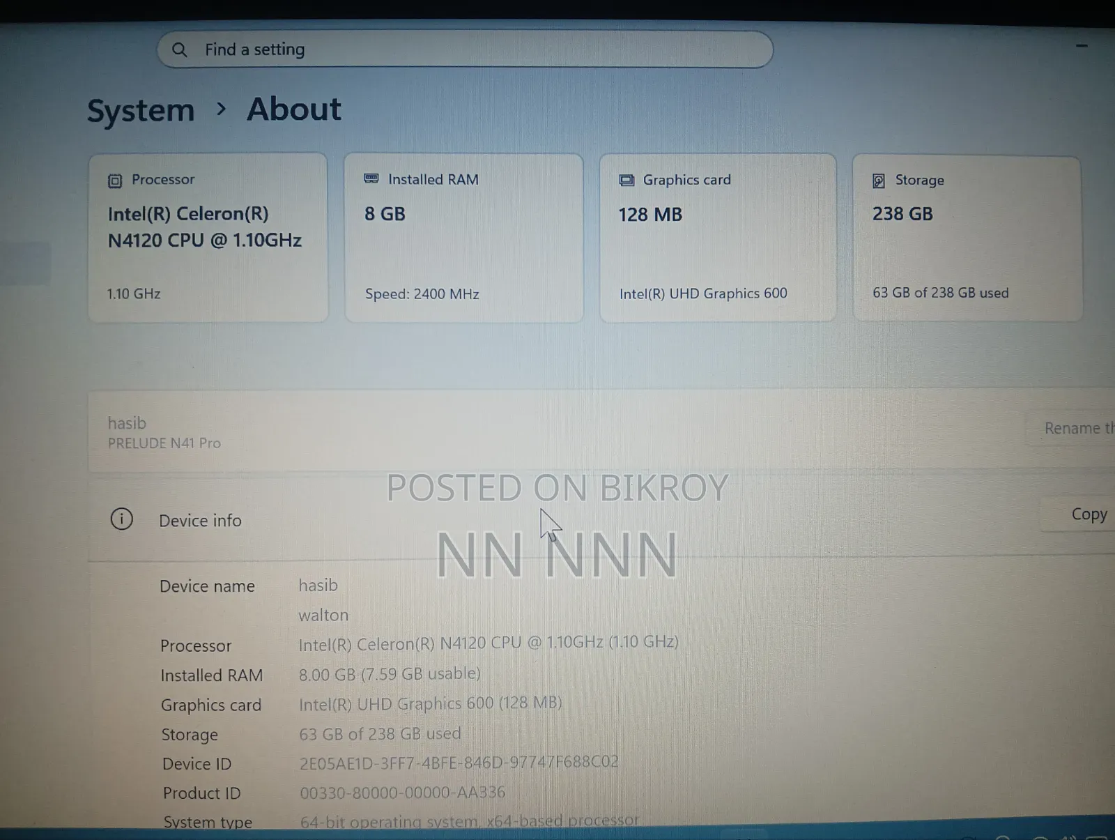 Laptop 8GB Intel Celeron SSD 256GB