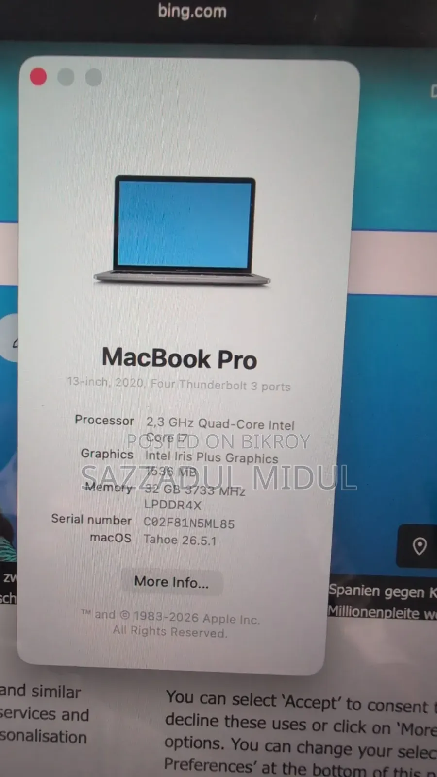 Laptop Apple MacBook Pro 2020 32GB Intel Core I7 SSD 256GB