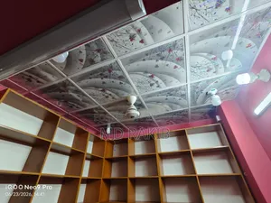 Garment shop shelves (with glass), cash counter and stool