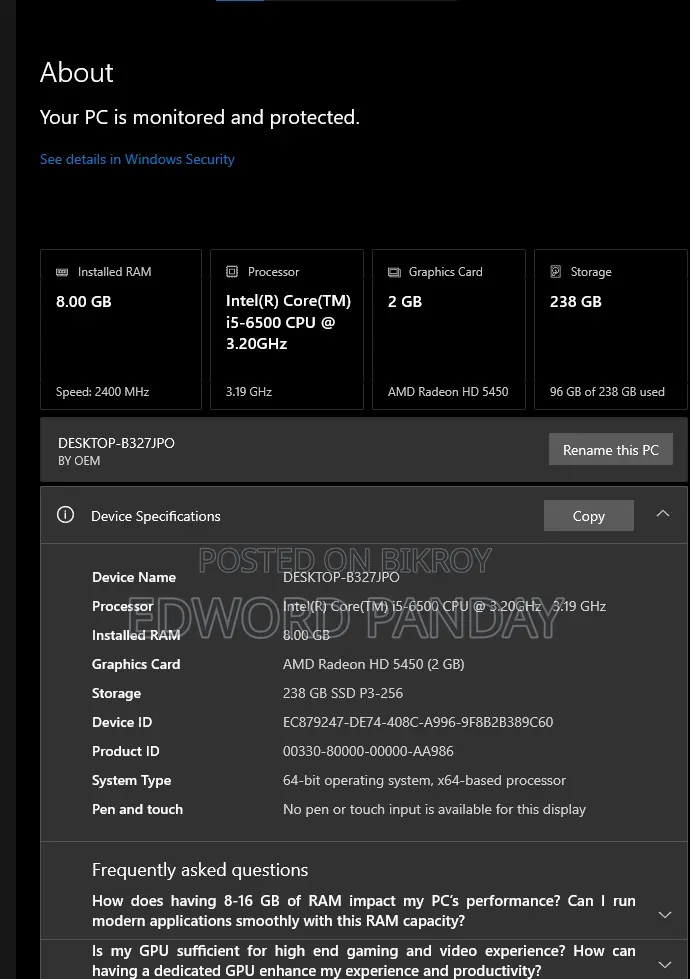 Desktop Computer HP 200 G4 8GB Intel Core I5 SSD 256GB