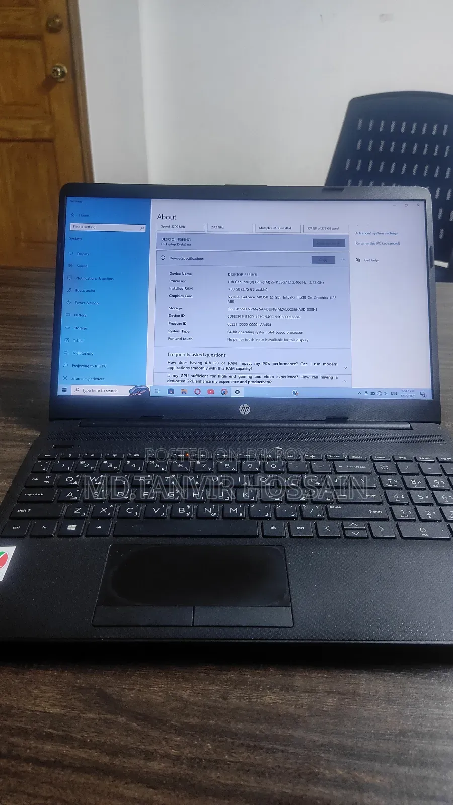 Laptop HP 15-Dw3031 4GB Intel Core I5 SSD 256GB