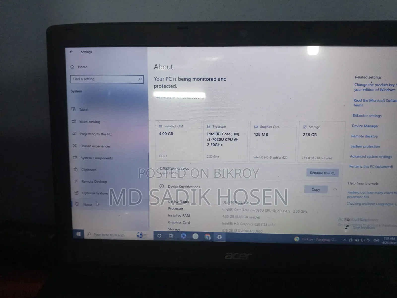 ল্যাপটপ এসার অ্যাসপায়ার ই১৫ ৪জিবি ইন্টেল কোর আই৩ এইচডিডি+এসএসডি ২৫৬জিবি
