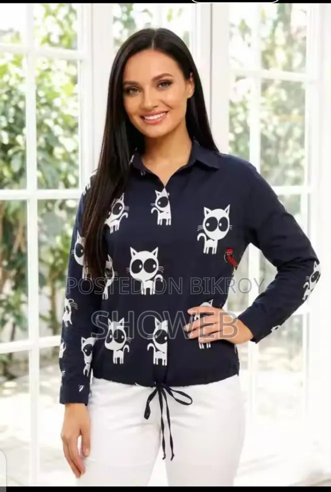 Women Navy Blue Cat Paint Long Sleeve