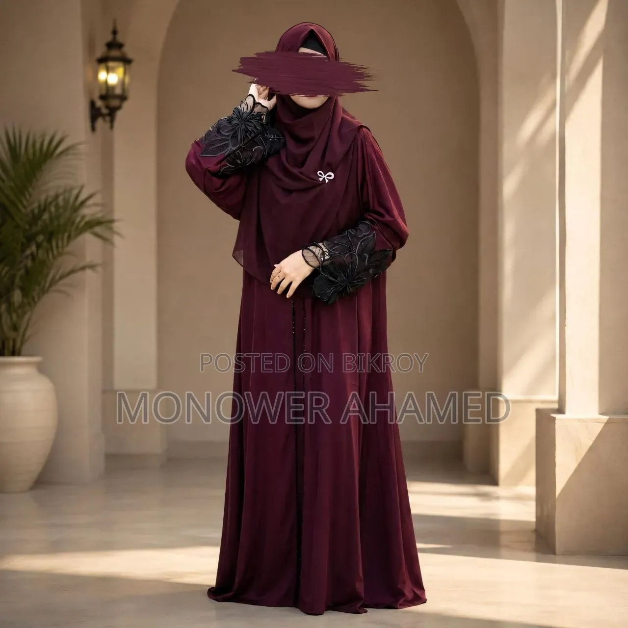 Premium Dubai Cherry Fabric: Elegant Lace Abaya Borka