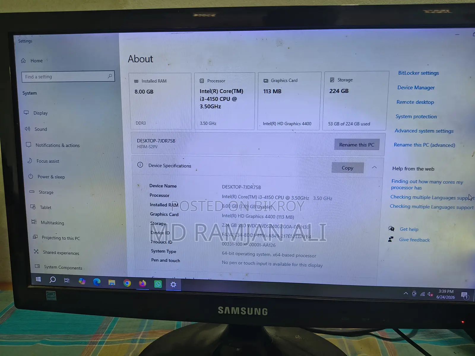 Gigabyte GA-H110MSTX-HD3-ZK 8GB Intel Core I3 SSD 256GB
