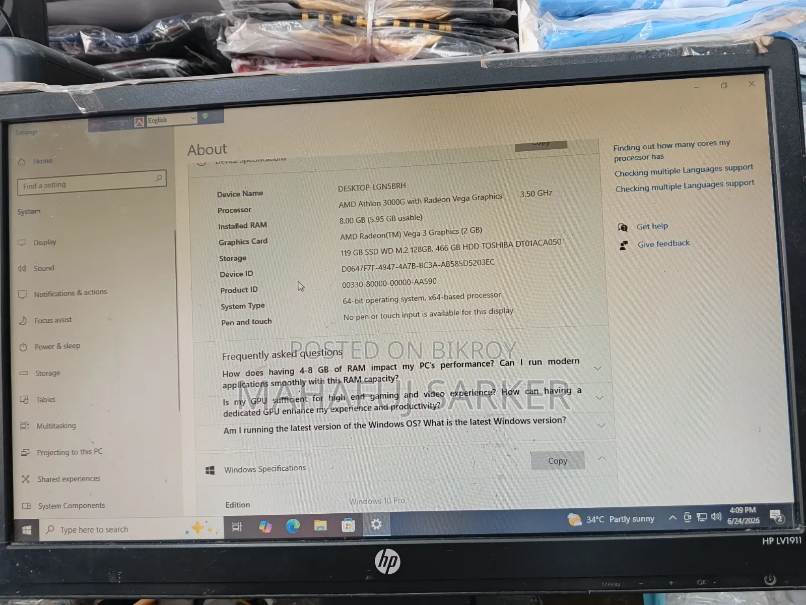 Desktop Computer Dell Inspiron 3000 8GB AMD Ryzen 3 SSD 512GB