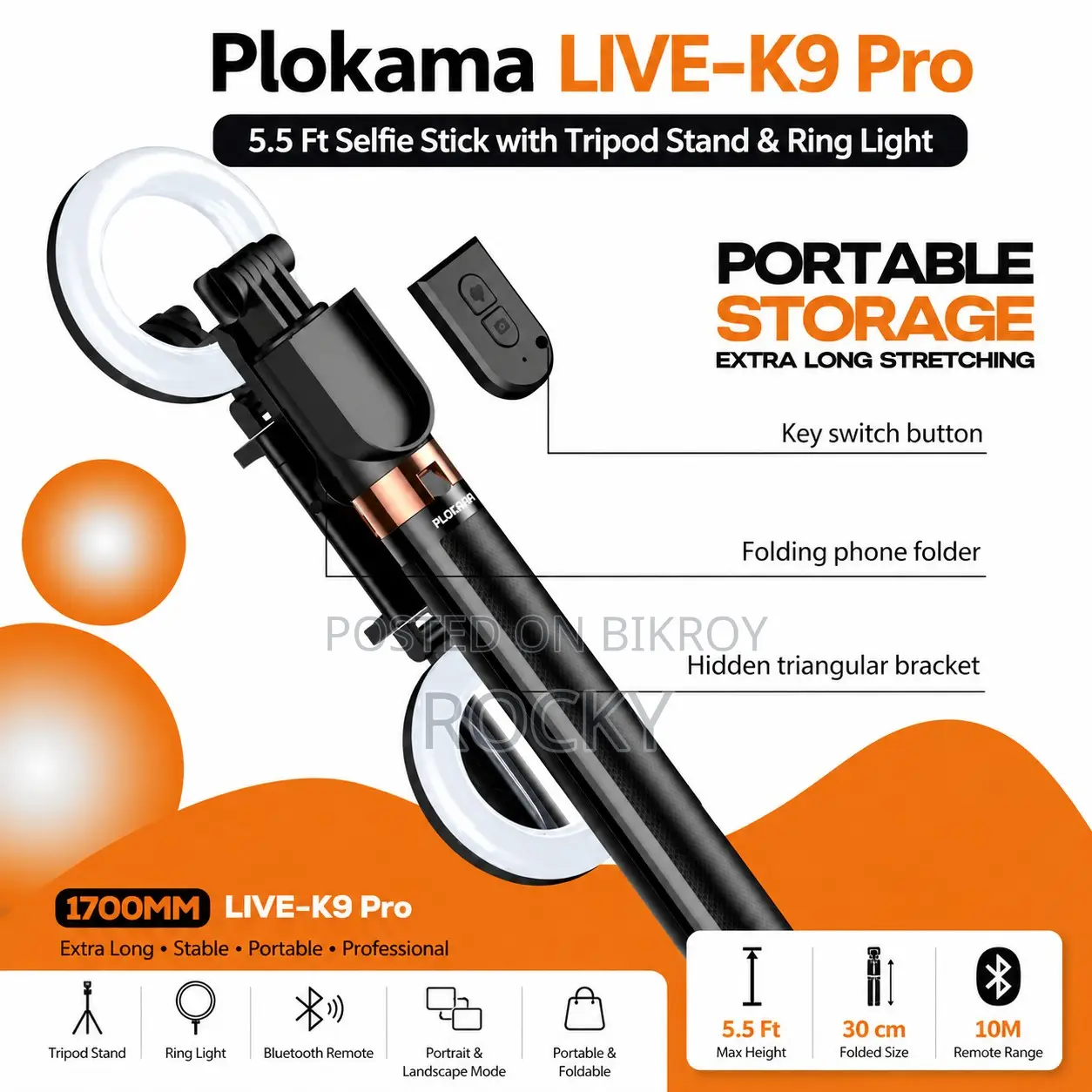 Plokama Live- Pro 5.5 Ft Selfie Stick With Tripod Stand Ring Light