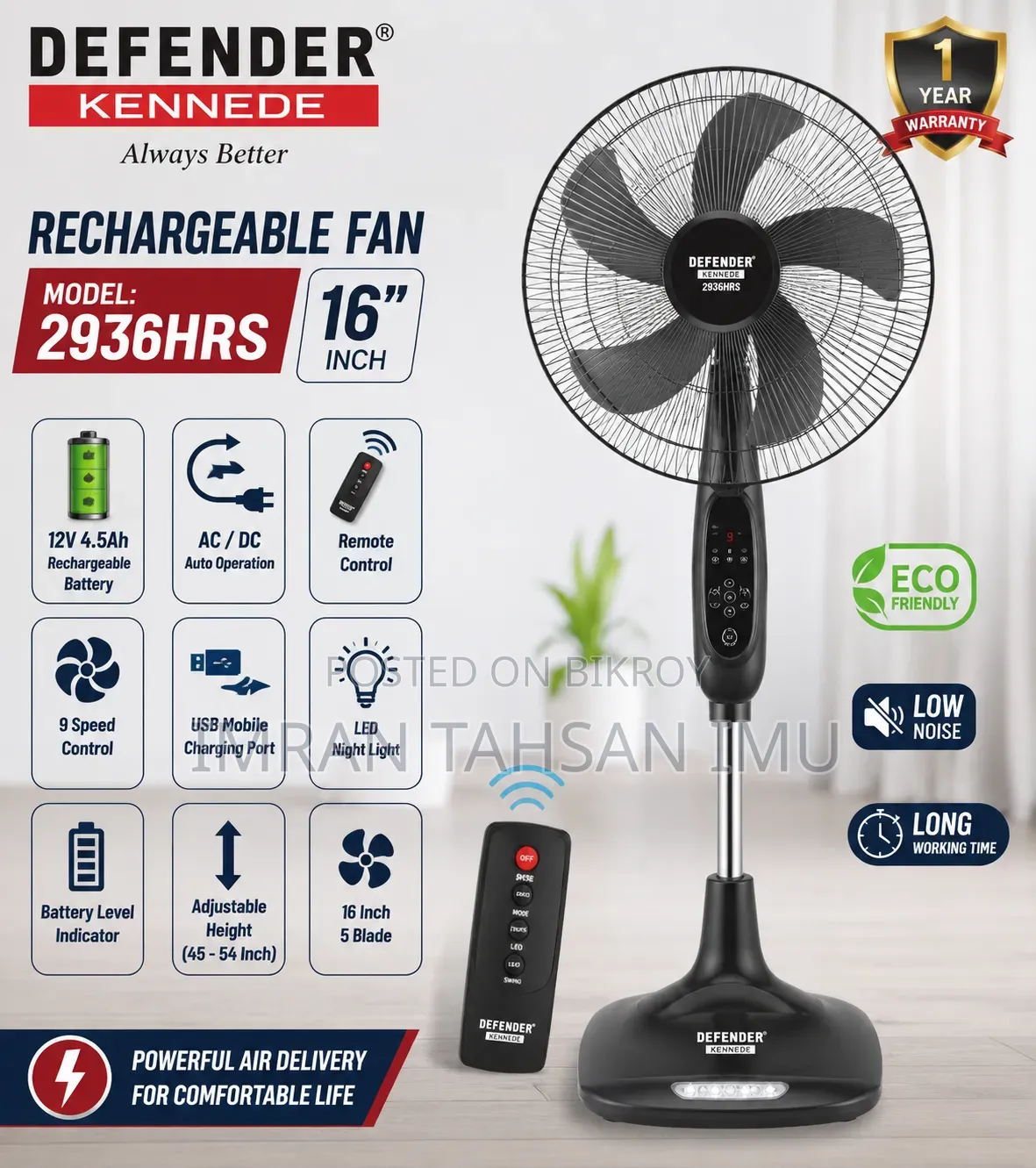 Rechargeable Fan Nova 2936hrs 16"