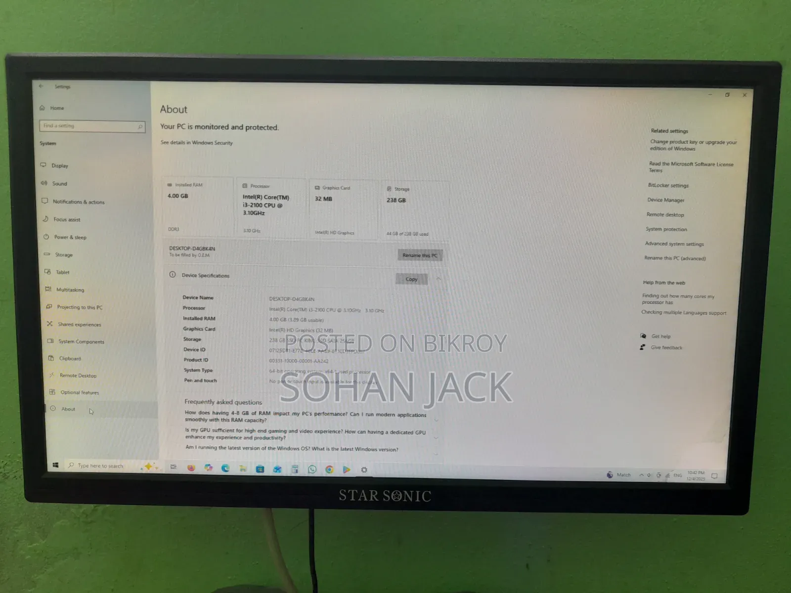 Desktop Computer 4GB Intel Core I3 SSD 256GB