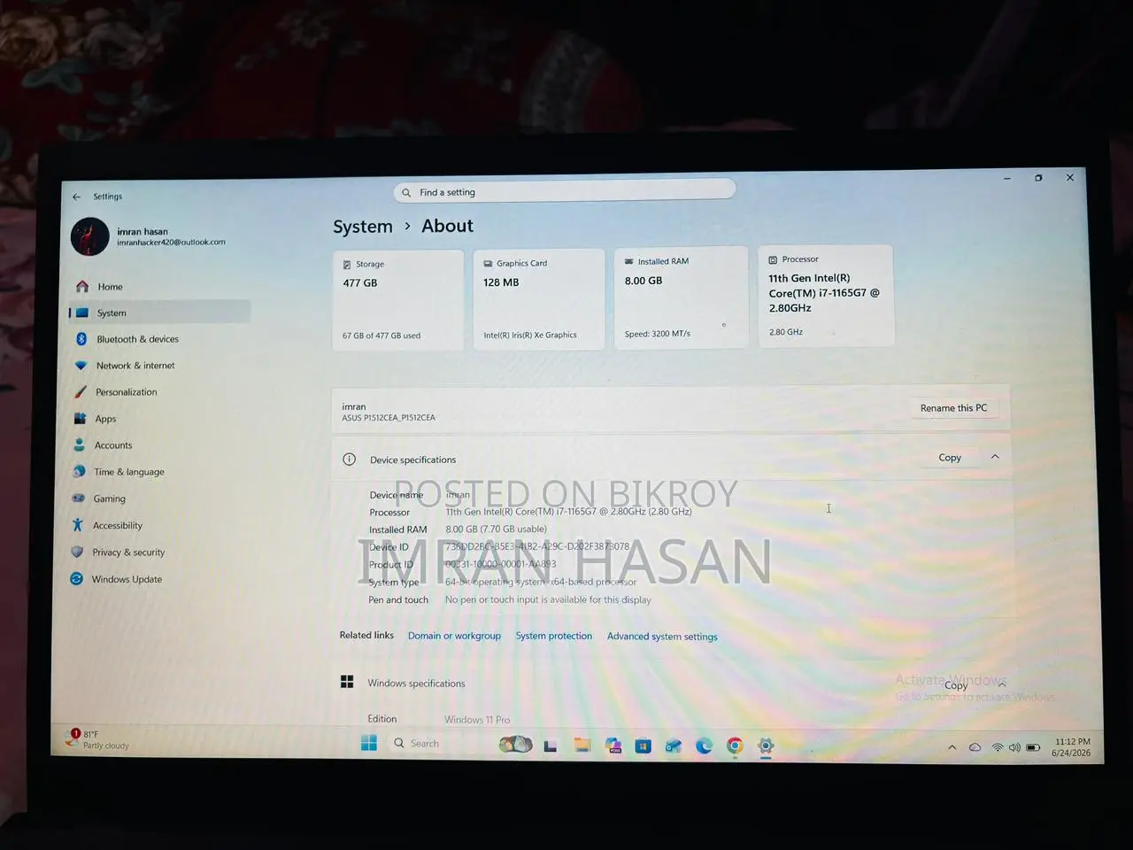 Laptop Asus ASUSPRO P2430UA 8GB Intel SSD 512GB