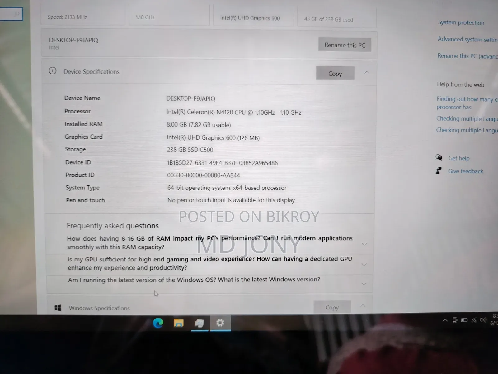 Laptop 8GB Intel SSD 128GB