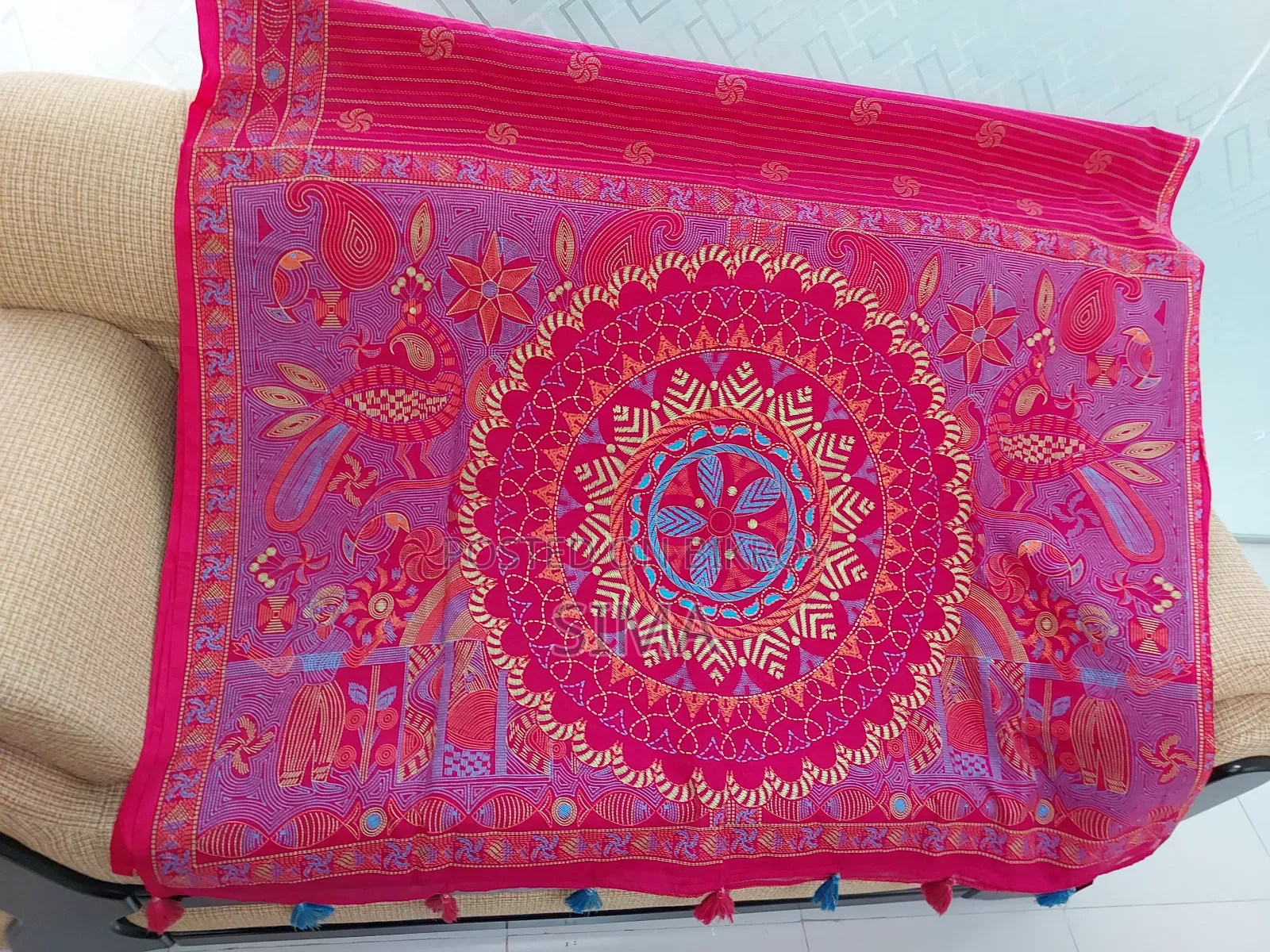 Brand New Rani Pink Nakshi Kantha Stitch Print Cotton Saree