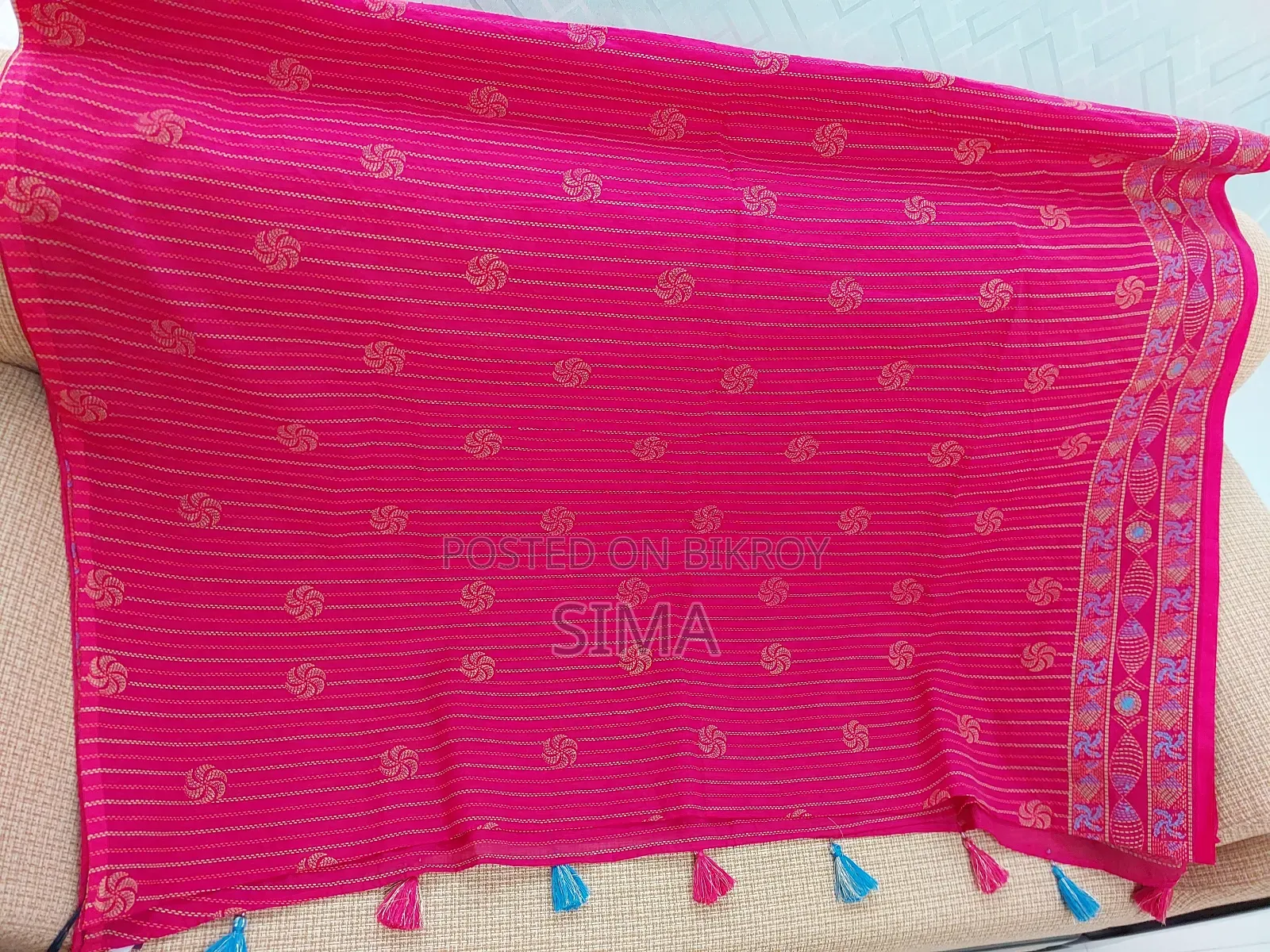 Brand New Rani Pink Nakshi Kantha Stitch Print Cotton Saree