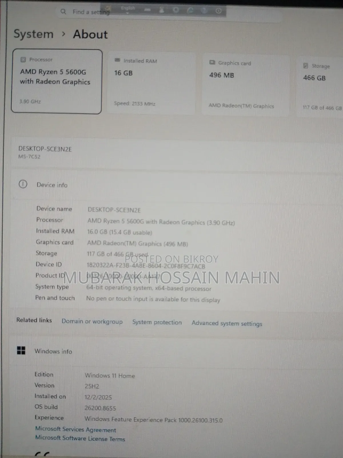 Desktop Computer MSI Pro 22E 6M 16GB AMD Ryzen 5 SSD 500GB