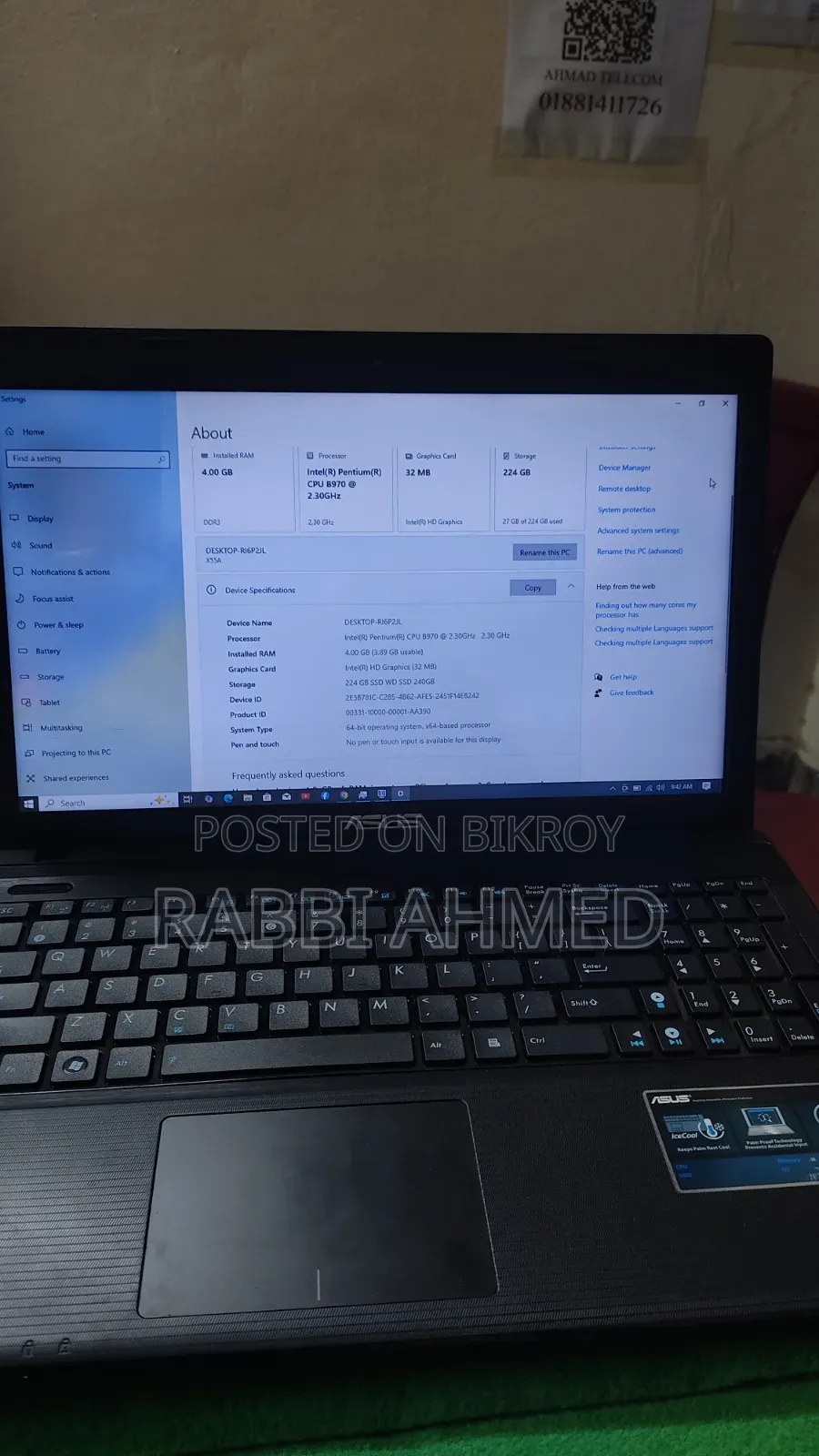 Laptop Asus 4GB Intel Pentium SSD 256GB
