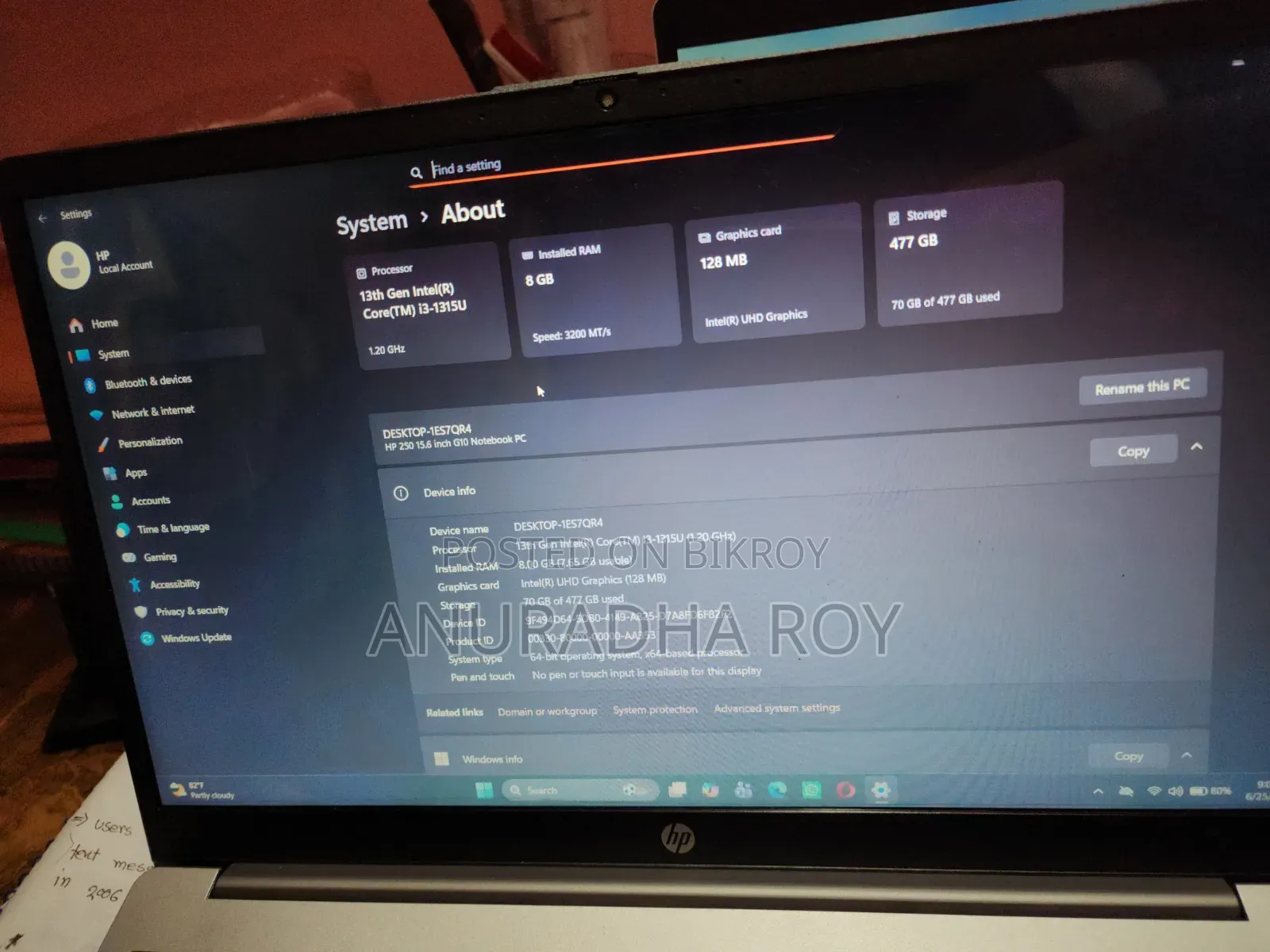 New Laptop HP 250 G10 8GB Intel Core I3 SSD 512GB