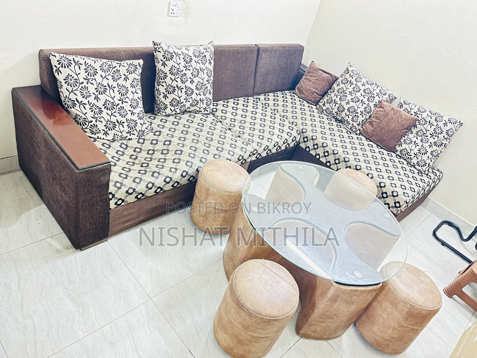 L-Shape Sofa + Glass Center Table Set for Sale