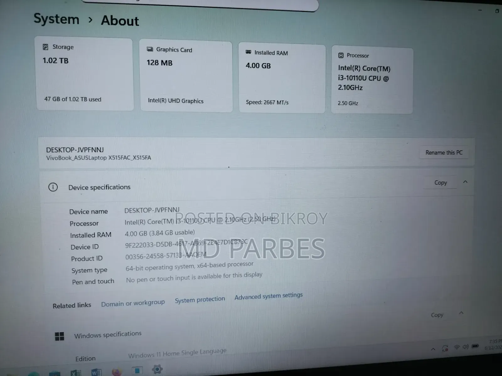 Laptop Asus 4GB Intel Core I3 SSD 1T