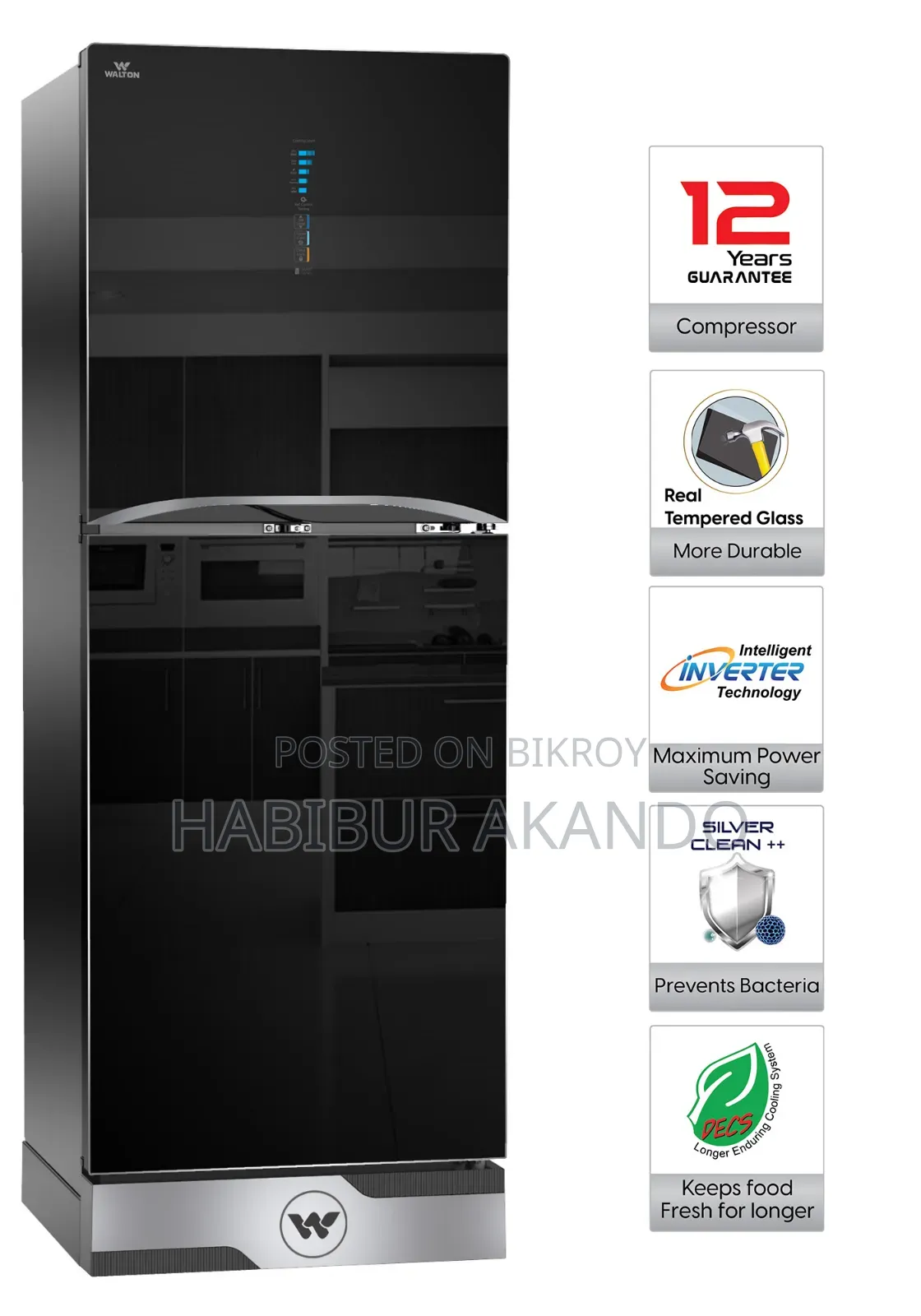 Walton Refrigerator-WFB-2E4-GDEL-SC-Gross-268 Ltr, Digital Glass Door