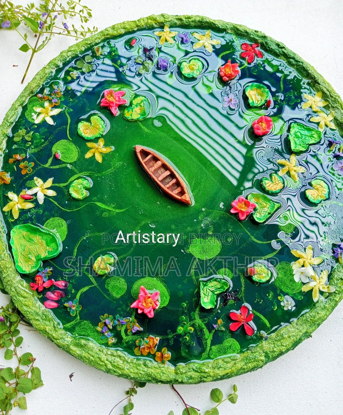 Lotus Pond With Clay Resin on 12/12 Round Canvas