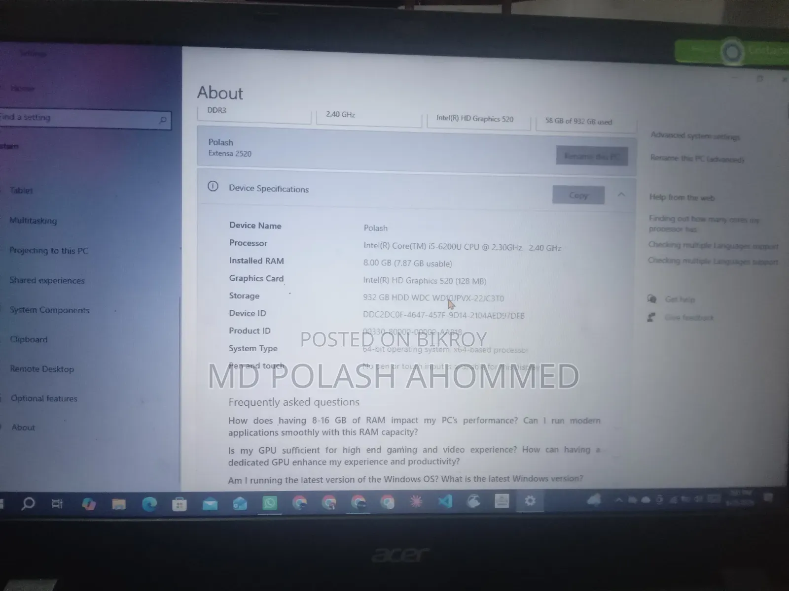 Laptop Acer Extensa 2520 8GB Intel Core I5 HDD 1T