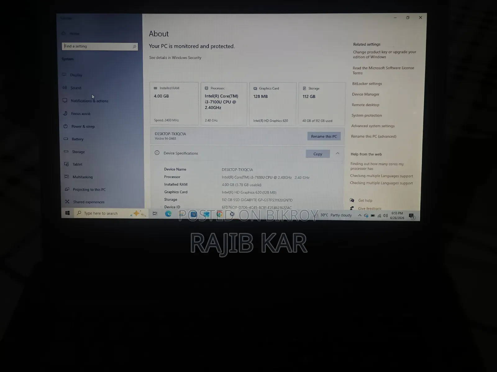 Laptop Dell 4GB Intel Core i3 SSD 128GB