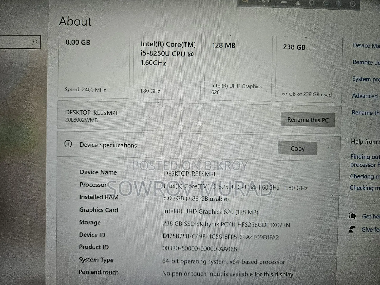 Laptop Lenovo ThinkPad T480s 8GB Intel Core I5 SSD 256GB