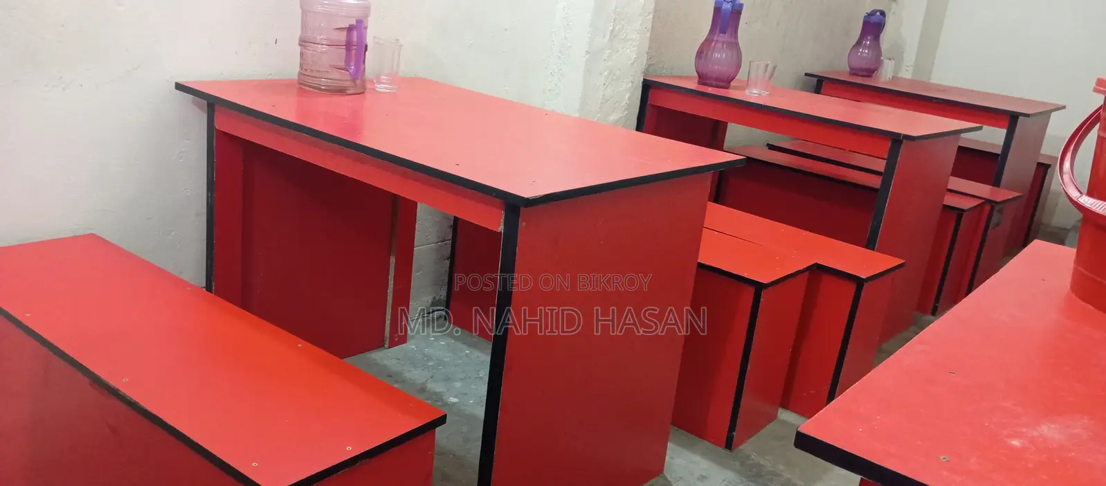 1 Front Desk Table, 2 Tables, and 4 Sitting Stools for Sale.