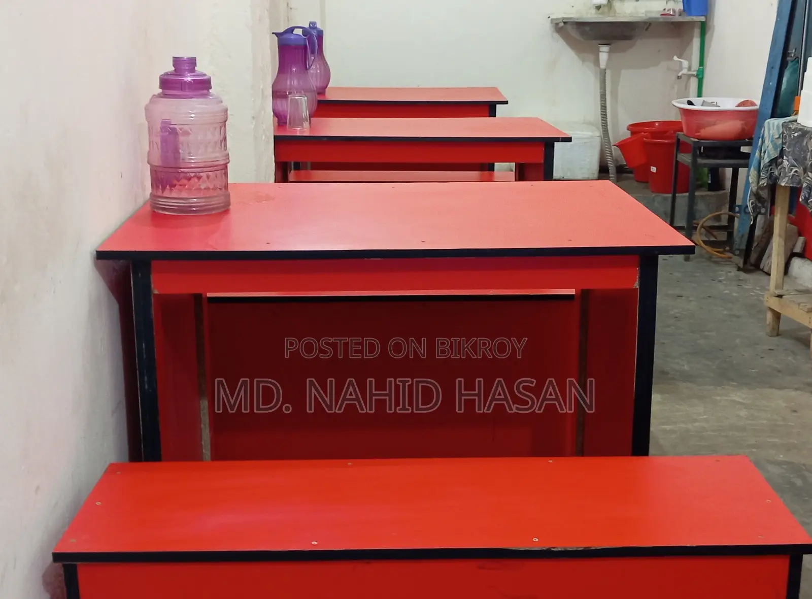 1 Front Desk Table, 2 Tables, and 4 Sitting Stools for Sale.