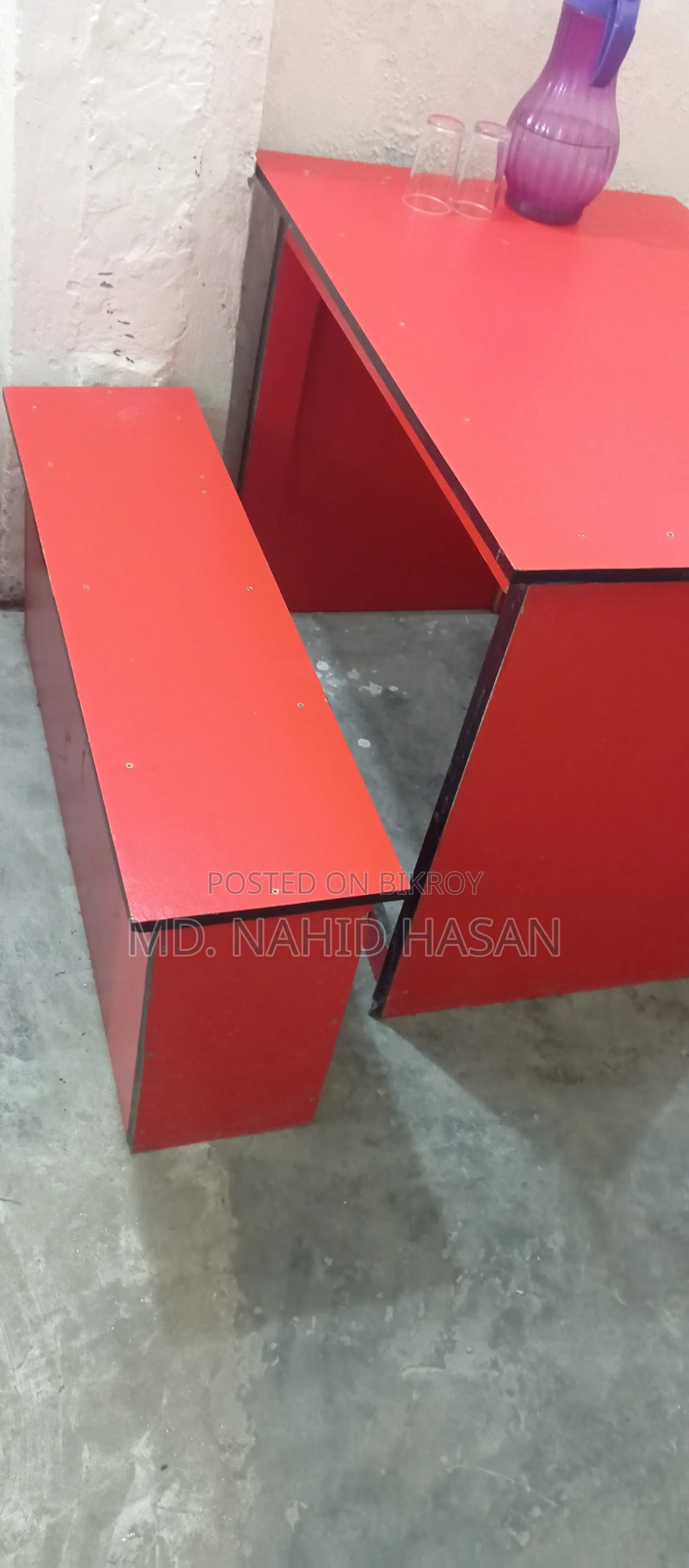 1 Front Desk Table, 2 Tables, and 4 Sitting Stools for Sale.