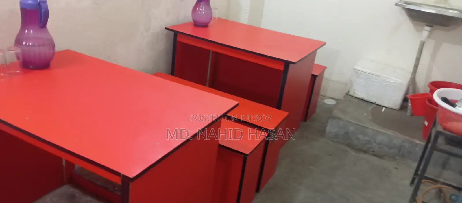 1 Front Desk Table, 2 Tables, and 4 Sitting Stools for Sale.