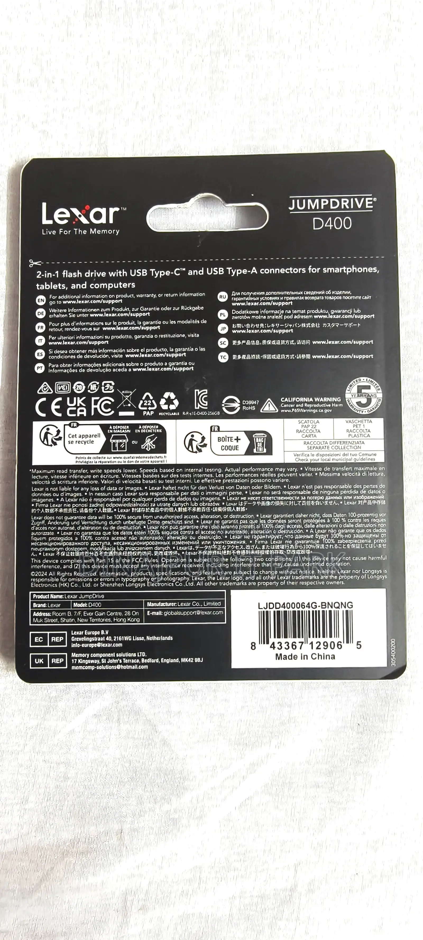 Lexar Jumpdrive Dual Drive D400 64GB USB 3.2 Gen 1 Type-C