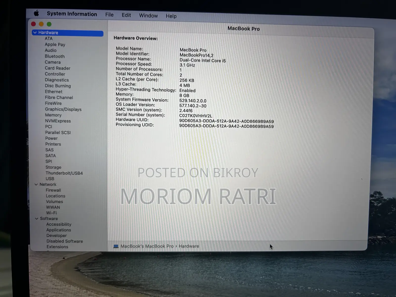 Laptop Apple MacBook Pro 2017 8GB Intel Core i5 SSD 512GB