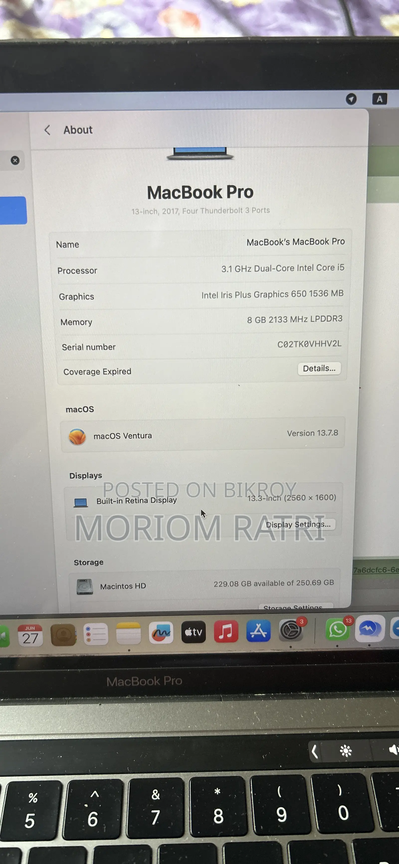 Laptop Apple MacBook Pro 2017 8GB Intel Core i5 SSD 512GB