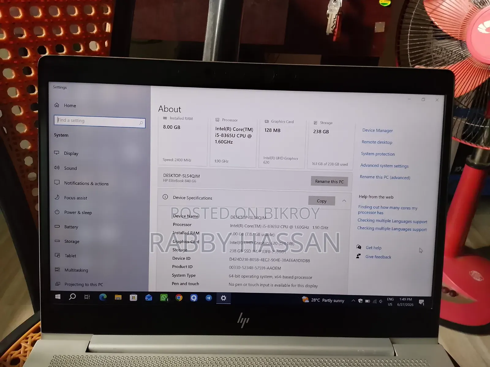 Laptop HP EliteBook 840 G6 8GB Intel Core i5 SSD 256GB