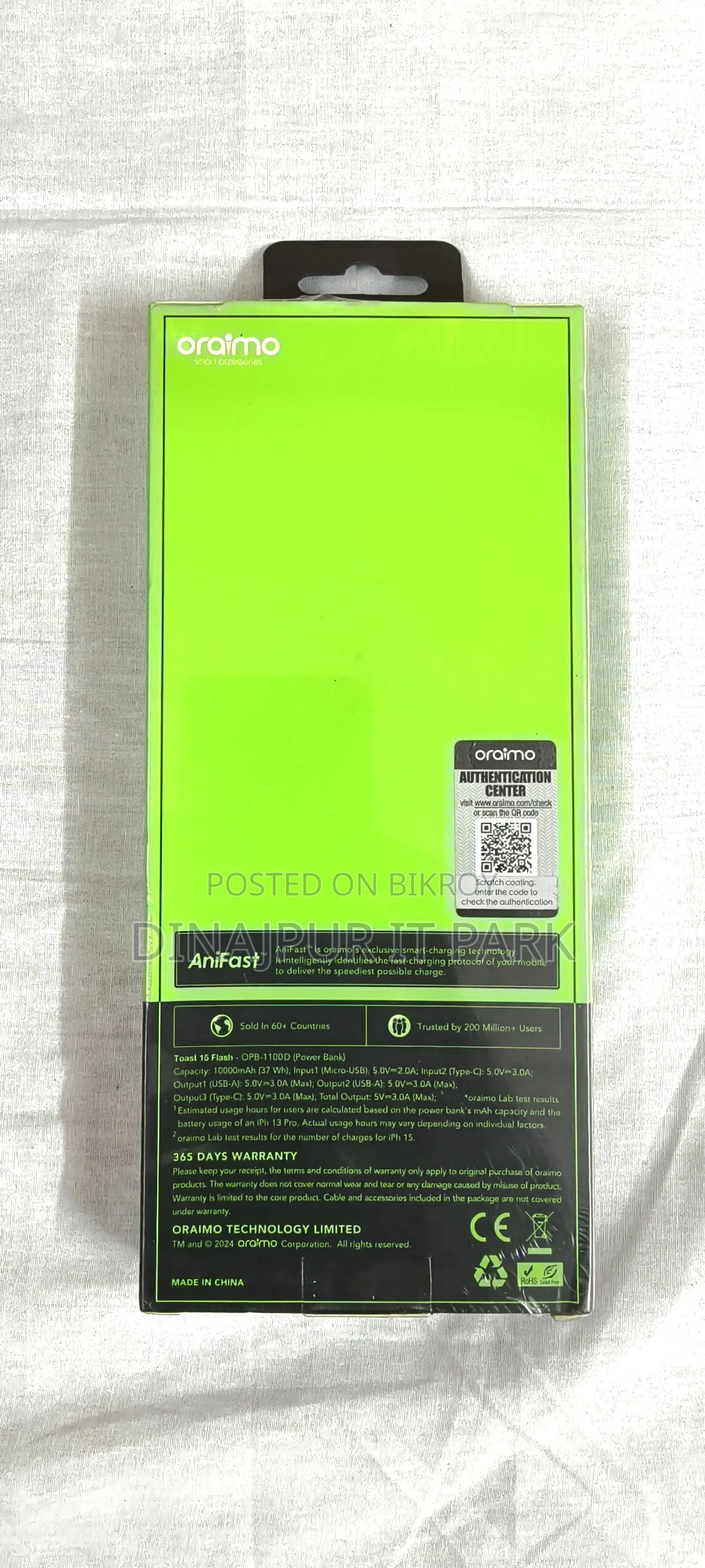 Oraimo Toast 15 Flash 10000mAh Fast Charging Power Bank (OPB-1100D)