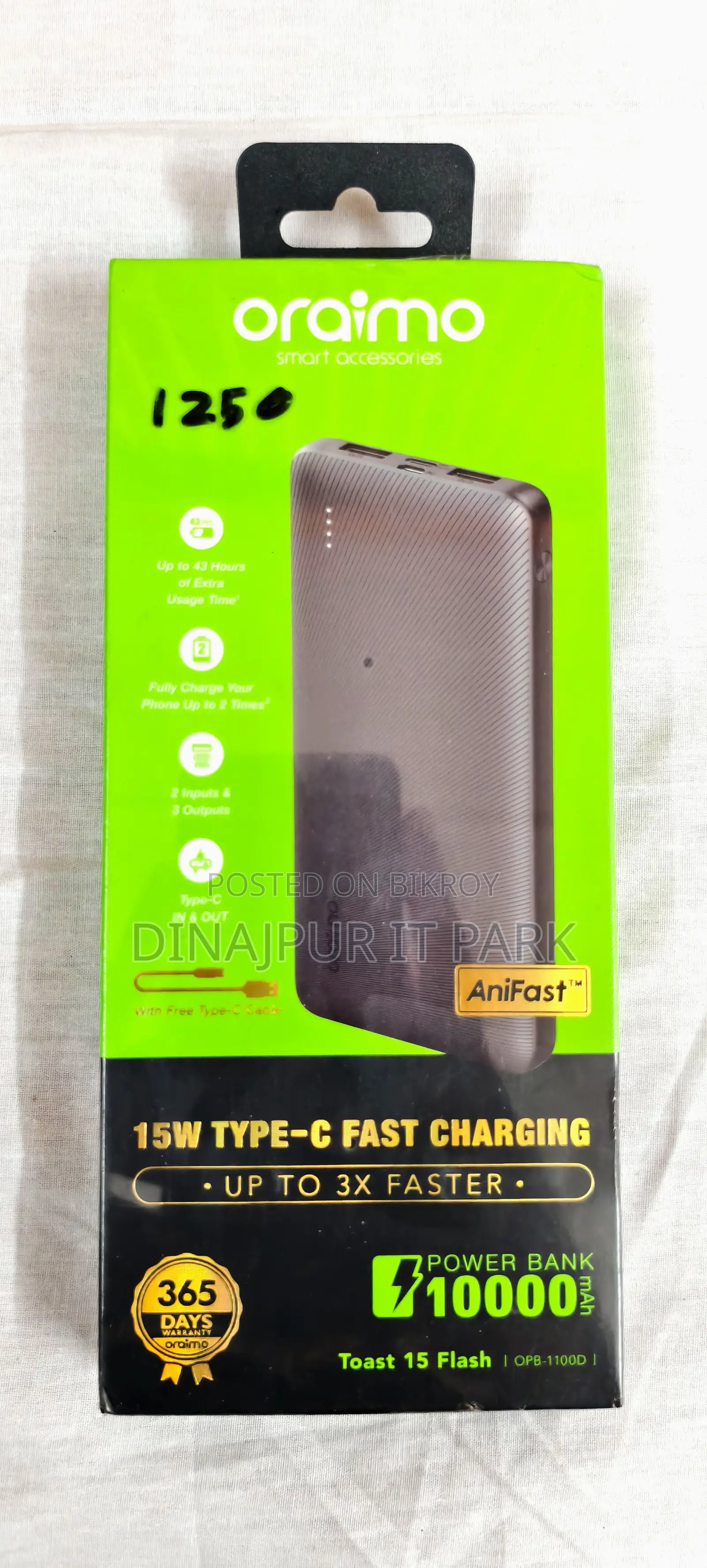 Oraimo Toast 15 Flash 10000mAh Fast Charging Power Bank (OPB-1100D)